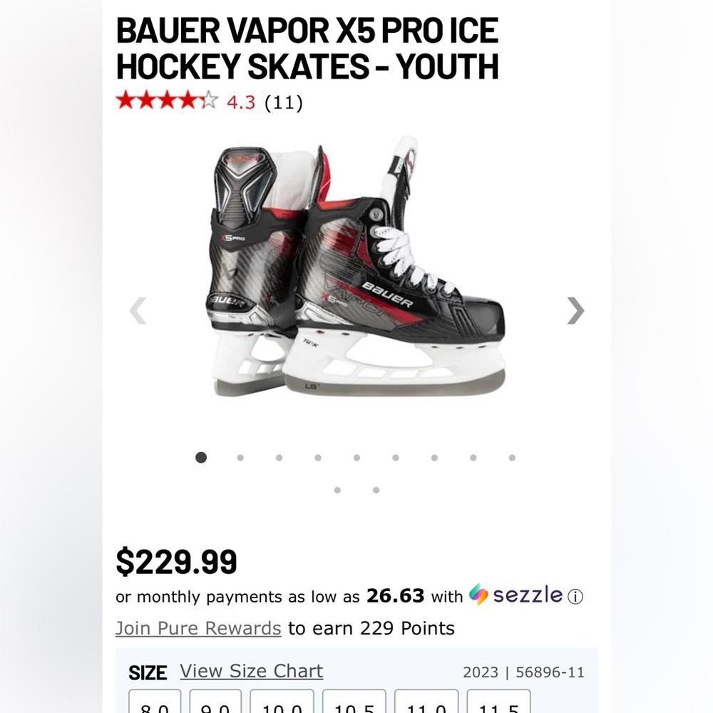 BAUER VAPOR X5 PRO ICE HOCKEY SKATES - YOUTH 13.5